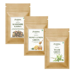 Kasmiri Kahwa Tea + Tulsi Green Tea + Honey Lemon Green Tea